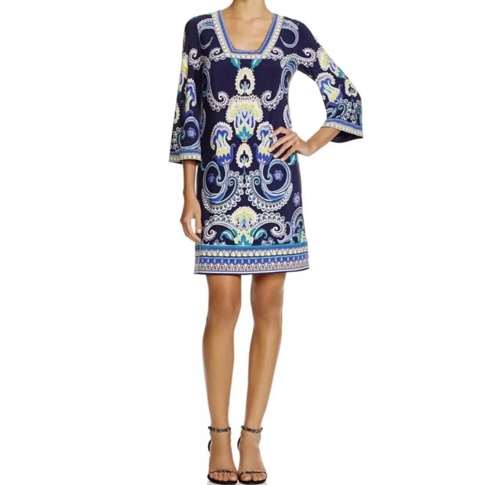 Laundry Bell Sleeve Square‎ Neckline Blue Multicolor Ornate Shift Dress Size 6